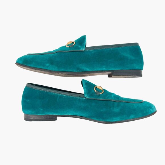 Gucci Jordaan Horsebit Loafer EU 37 US 7 Teal Velvet Flat Buckle Shoe Green Blue - Picture 8 of 12